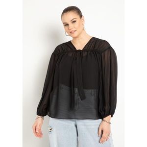 Eloquii Tunnel Detail Chiffon Blouse Sheer Long Sleeve Tie Neck Top Ruched